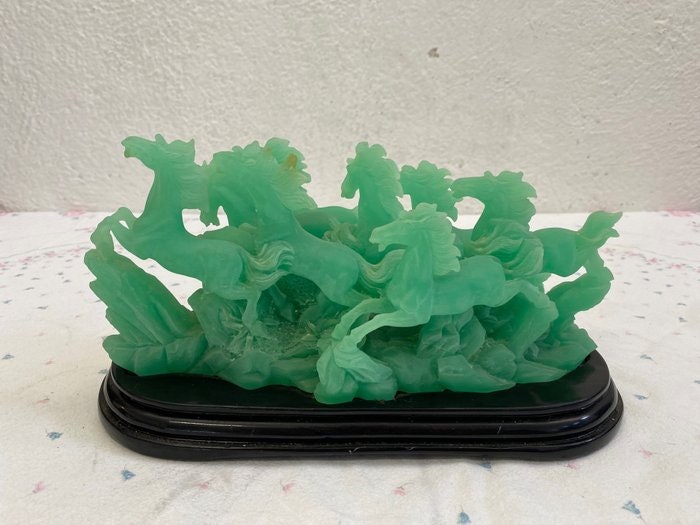 Scultura in vetro con mandria di cavalli - Verde smeraldo - Arredo vintage Regalo esclusivo - Regali personalizzati