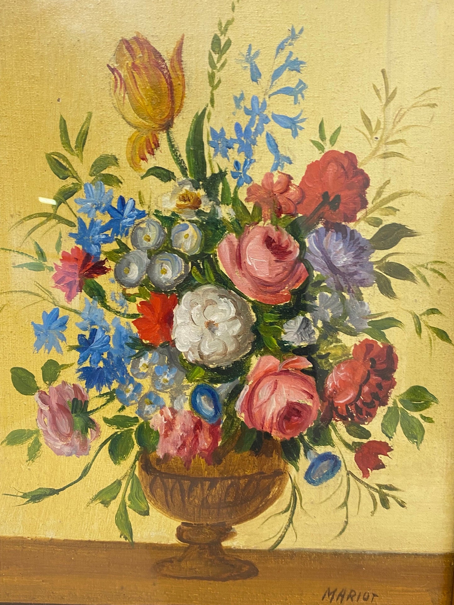 Coppia di Quadretti con Cornice Dorata firmati Mariot - Vasi con Fiori (24x30 cm)