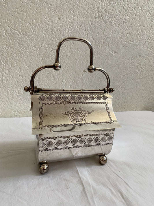 Cesto a Forma di Borsa in Argento Placcato - Biscottiera Antica con Coperchi Rialzabili e Maniglia