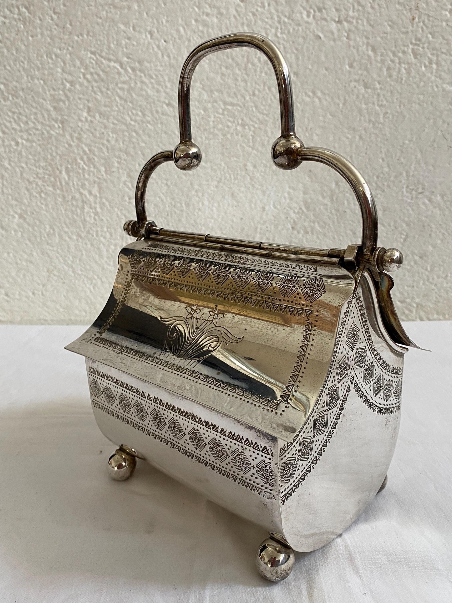 Cesto a Forma di Borsa in Argento Placcato - Biscottiera Antica con Coperchi Rialzabili e Maniglia