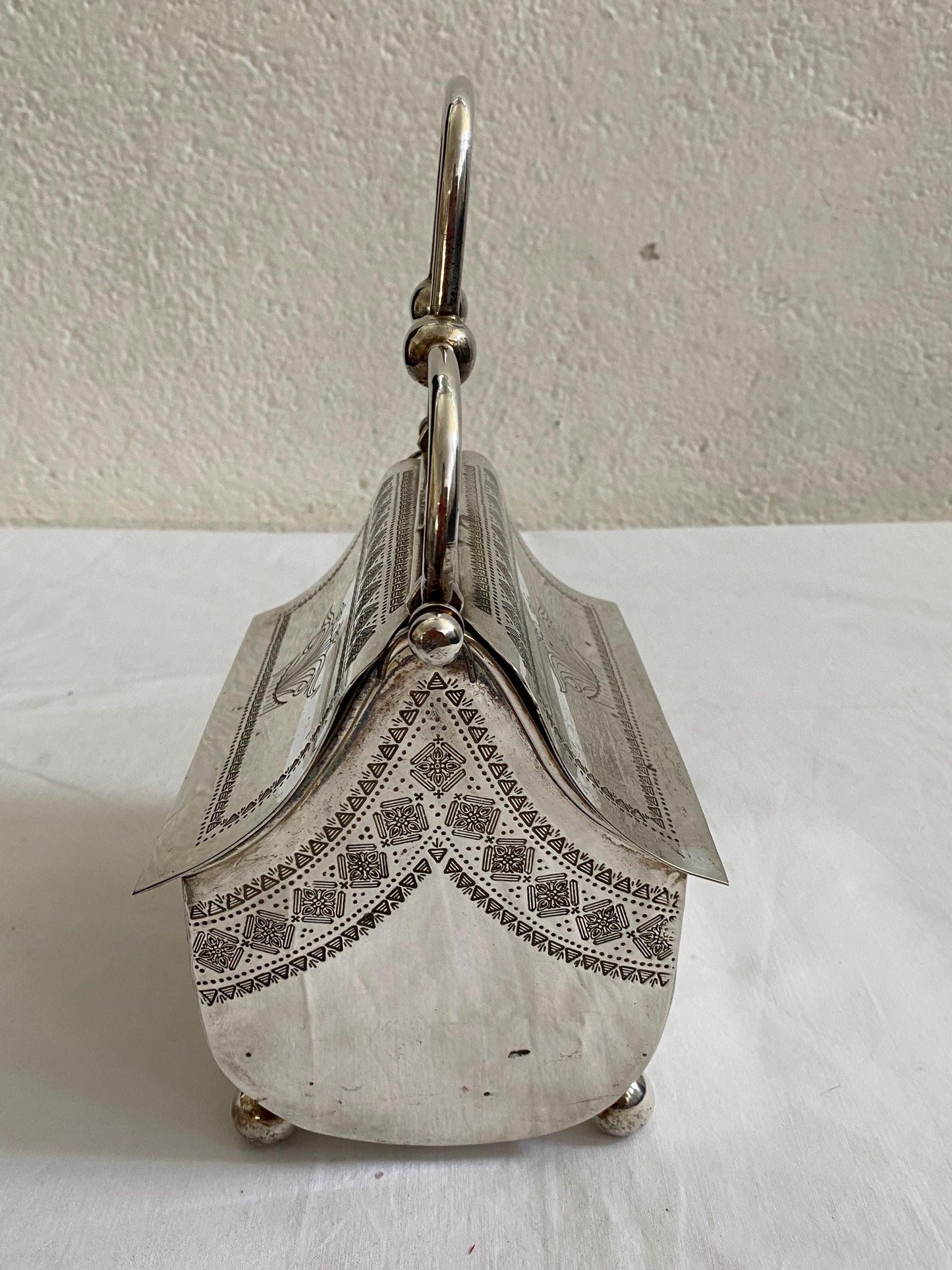 Cesto a Forma di Borsa in Argento Placcato - Biscottiera Antica con Coperchi Rialzabili e Maniglia