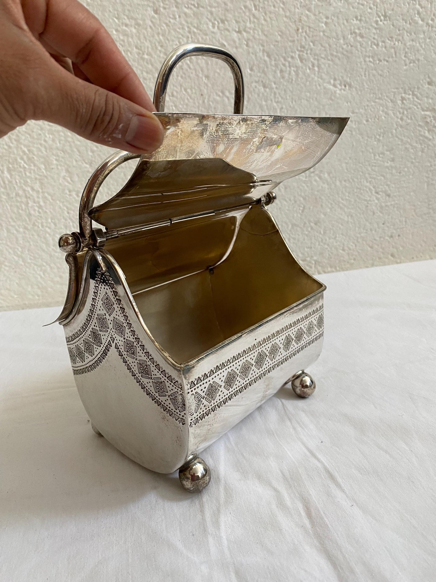 Cesto a Forma di Borsa in Argento Placcato - Biscottiera Antica con Coperchi Rialzabili e Maniglia