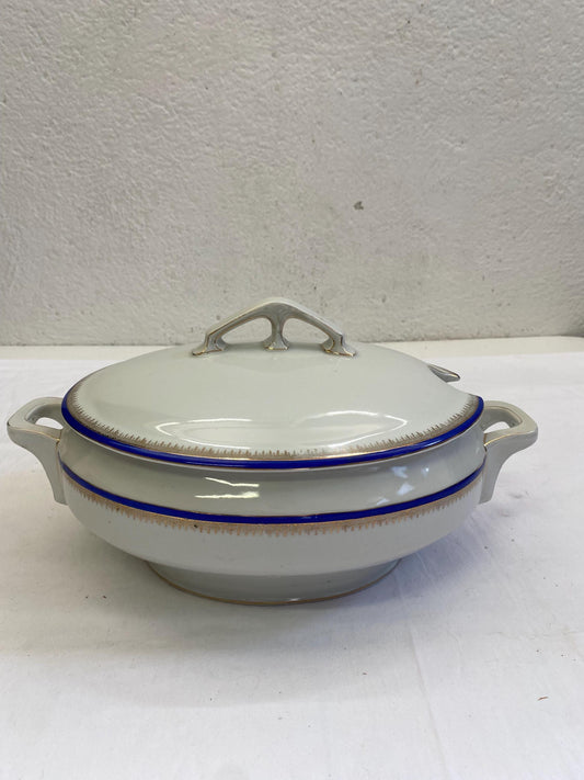 Zuppiera Ovale in Ceramica con Bordo Dorato e Rilievo Blu - Vintage
