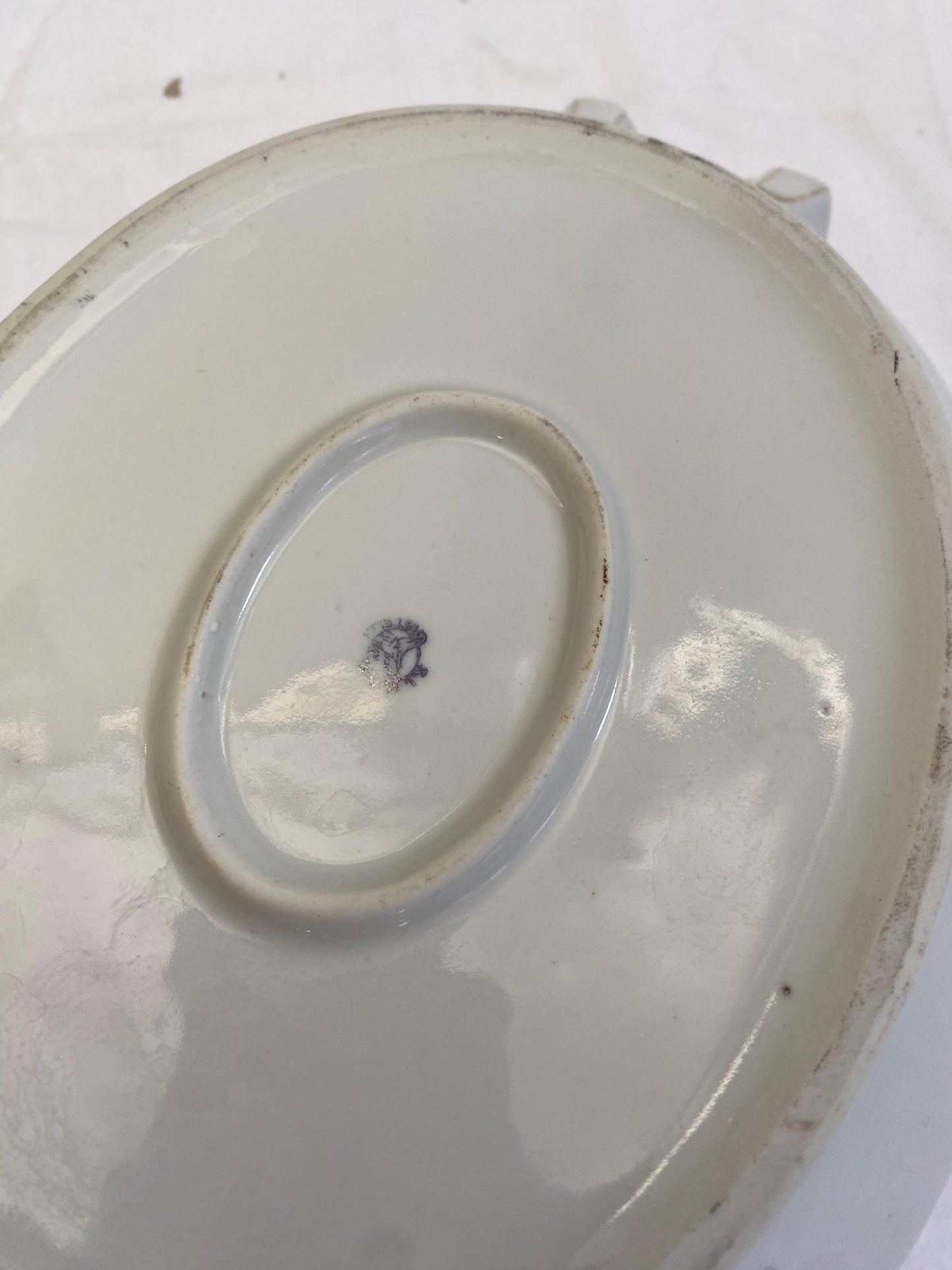 Zuppiera Ovale in Ceramica con Bordo Dorato e Rilievo Blu - Vintage