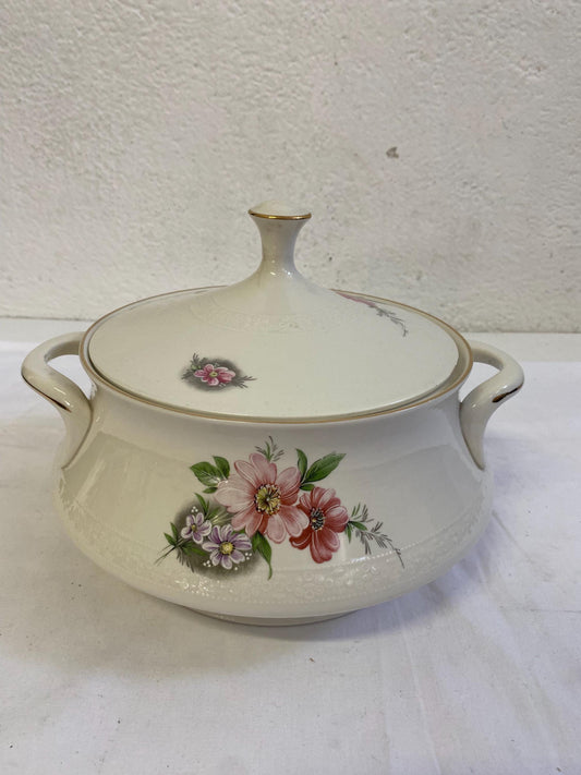 Zuppiera in Ceramica Redaüs Vintage con Decorazioni di Fiori Rosa e Bordo Dorato - Porcellana Shabby Chic 29x26x22h cm