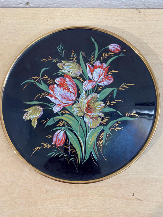 Piatto Blu Messeri con Decori Floreali - Raffigurante un Cesto di Fiori, Diametro 27 cm - Creazioni Ceramiche d'Arte Made in Italy