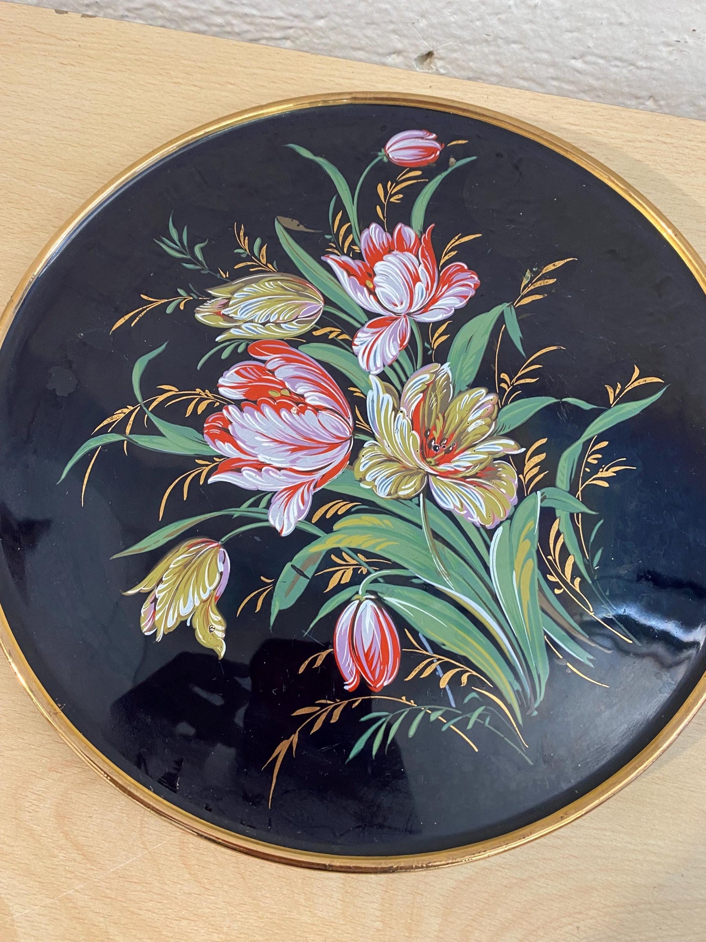 Piatto Blu Messeri con Decori Floreali - Raffigurante un Cesto di Fiori, Diametro 27 cm - Creazioni Ceramiche d'Arte Made in Italy