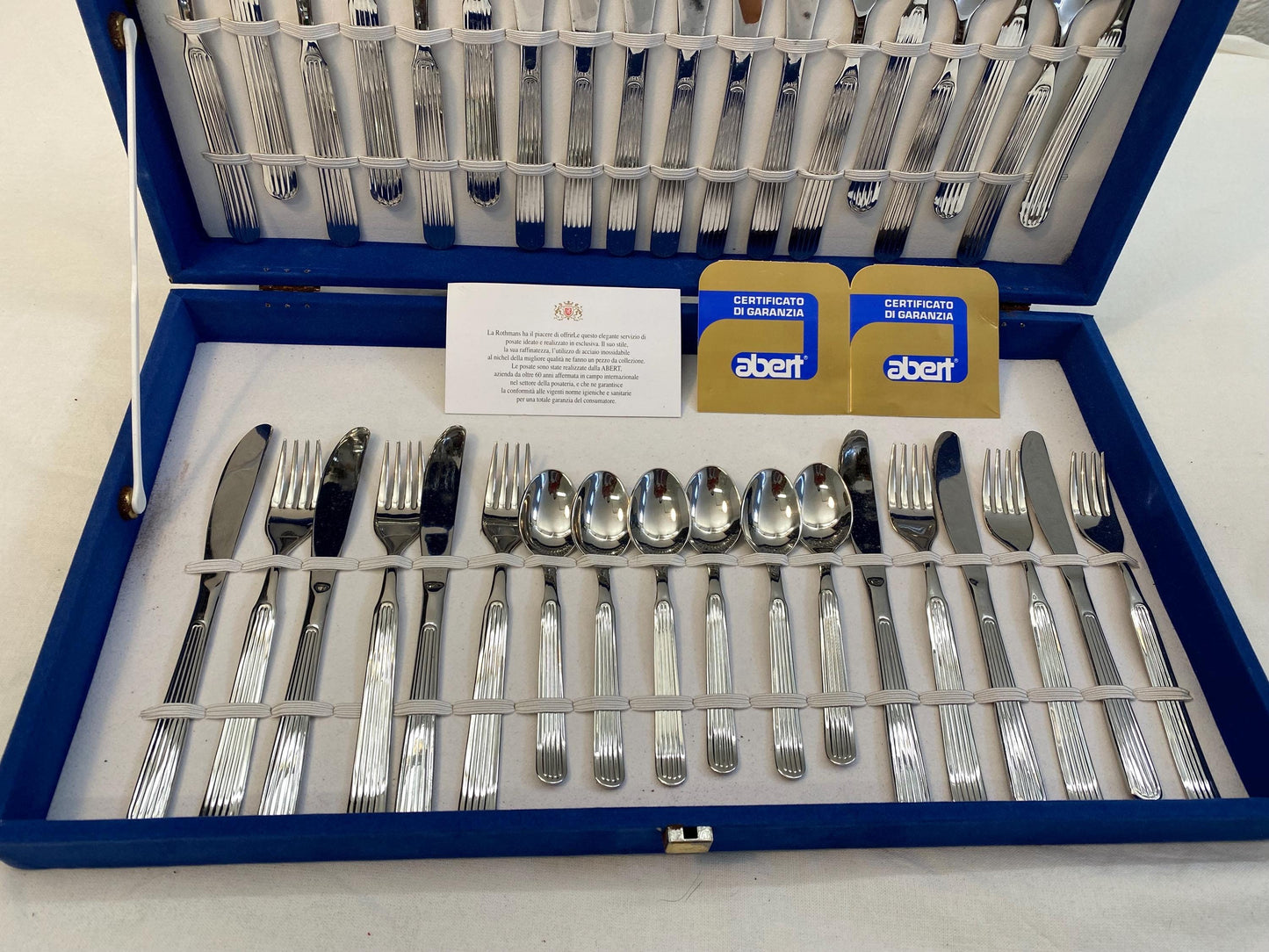 Elegante Set di Posate in Acciaio Inox ABERT con Marchio Rothmans - vintage servizio da 6+6   Nuovo e Completo con Certificato di Garanzia