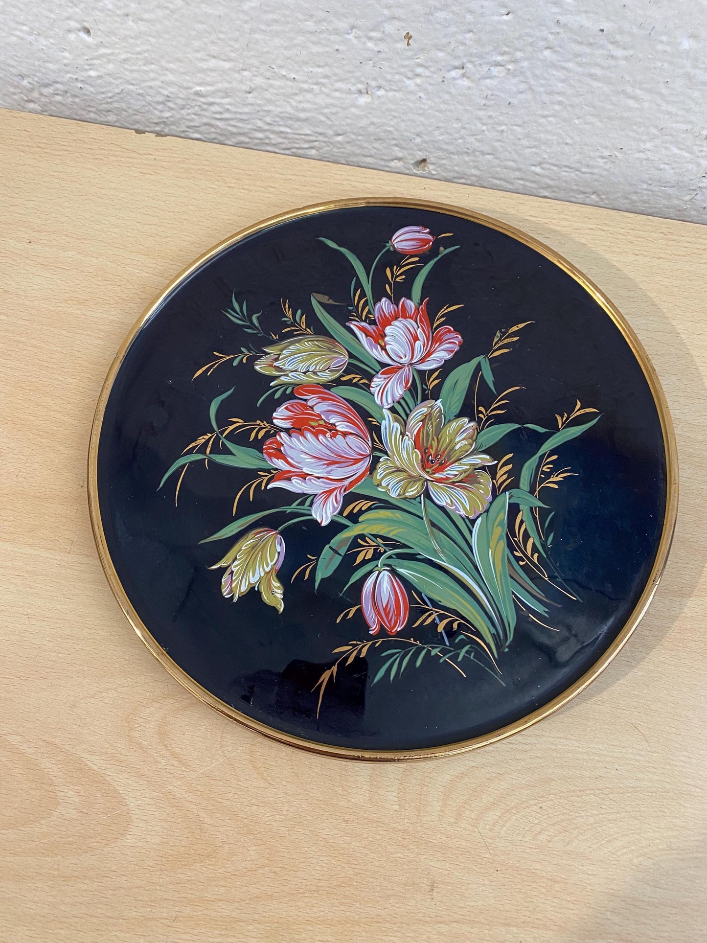 Piatto Blu Messeri con Decori Floreali - Raffigurante un Cesto di Fiori, Diametro 27 cm - Creazioni Ceramiche d'Arte Made in Italy