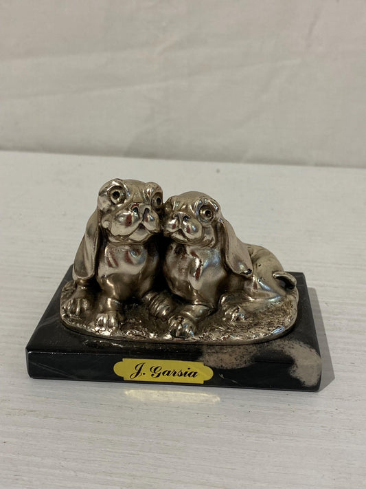 Coppia di cani in bronzo argentato su base di marmo nero - Statuette eleganti in bronzo, decorazioni vintage