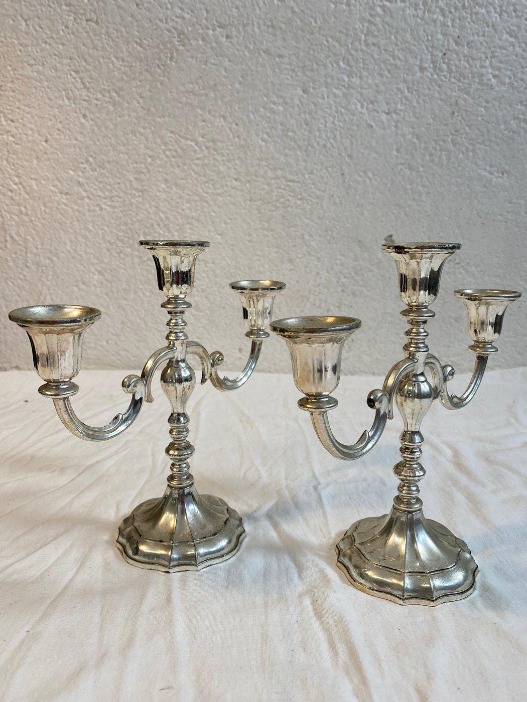 Candelabri in Argento Placcato Vintage a Tre Braccia
