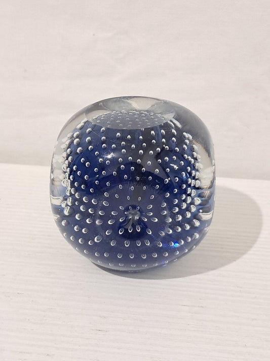 Fermacarta Vintage in Vetro Blu con Bolle Trasparenti  Realizzato a Mano, 6x6x7 cm (2,4"x2,4"x2,8")