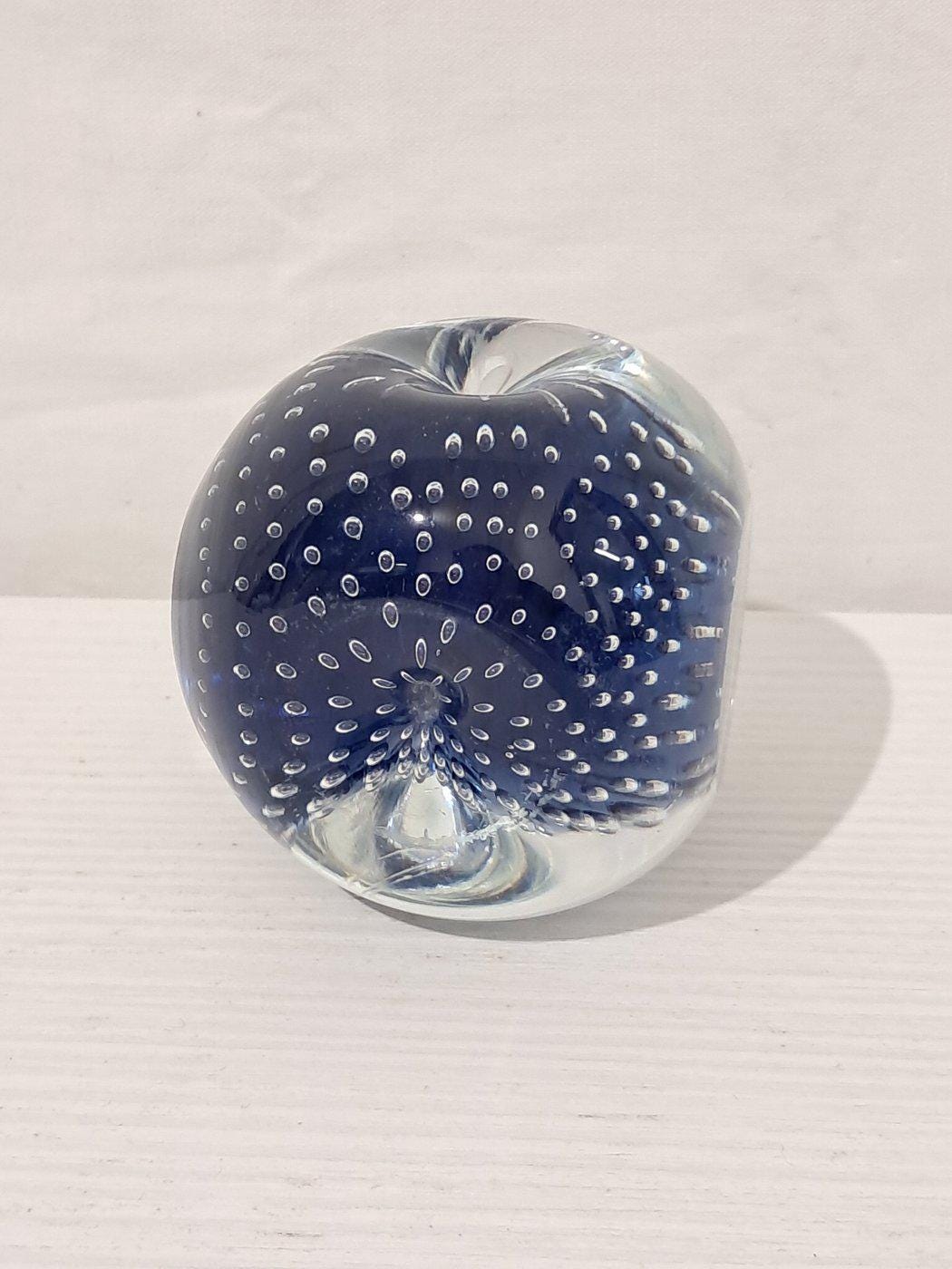 Fermacarta Vintage in Vetro Blu con Bolle Trasparenti  Realizzato a Mano, 6x6x7 cm (2,4"x2,4"x2,8")