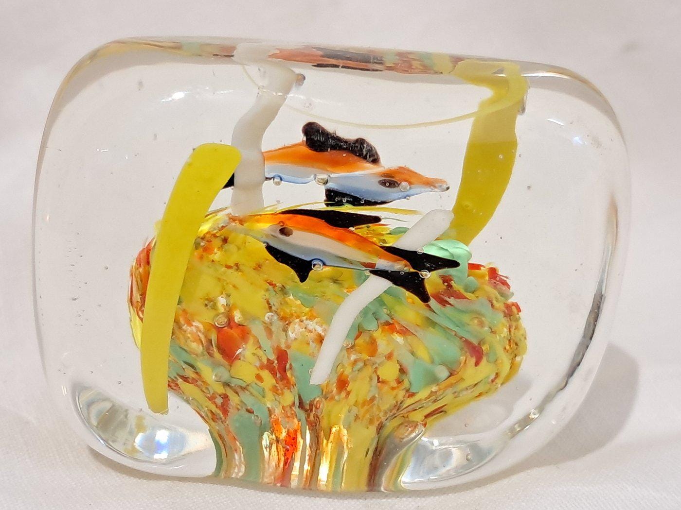 Fermacarte Acquario in Vetro di Murano Artistico Giallo Arancio - Pesci Colorati - Handmade