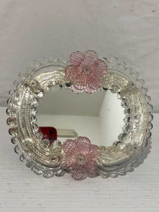 Specchio Vintage in Vetro di Murano Anni '50, Realizzato a Mano  16x4x14 cm (6,3"x1,6"x5,5") con Fiori Rosa