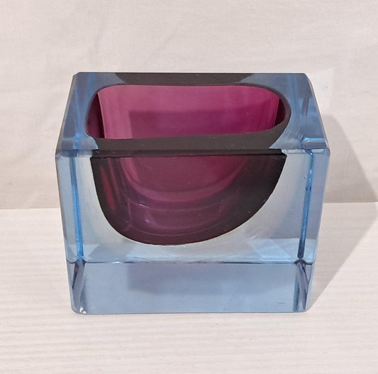 Vaso in Vetro Vintage Anni '70 Blu e Bordeaux | Design Rettangolare | Decorazione per Casa