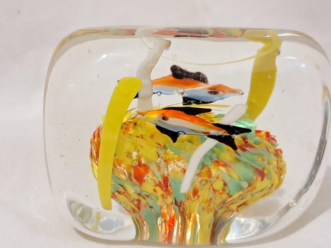 Fermacarte Acquario in Vetro di Murano Artistico Giallo Arancio - Pesci Colorati - Handmade