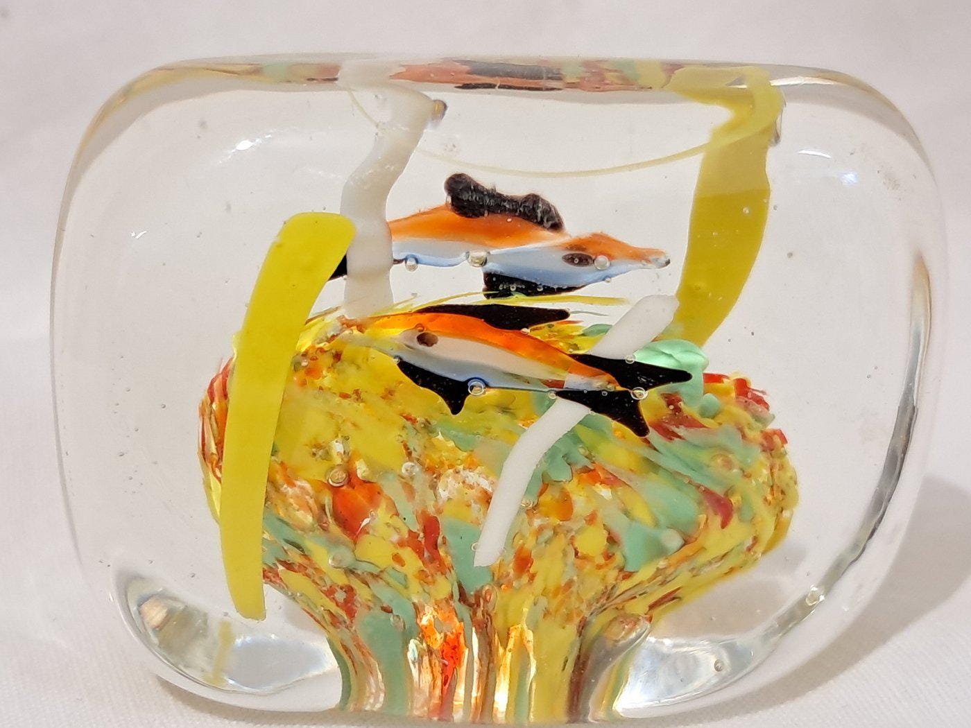 Fermacarte Acquario in Vetro di Murano Artistico Giallo Arancio - Pesci Colorati - Handmade