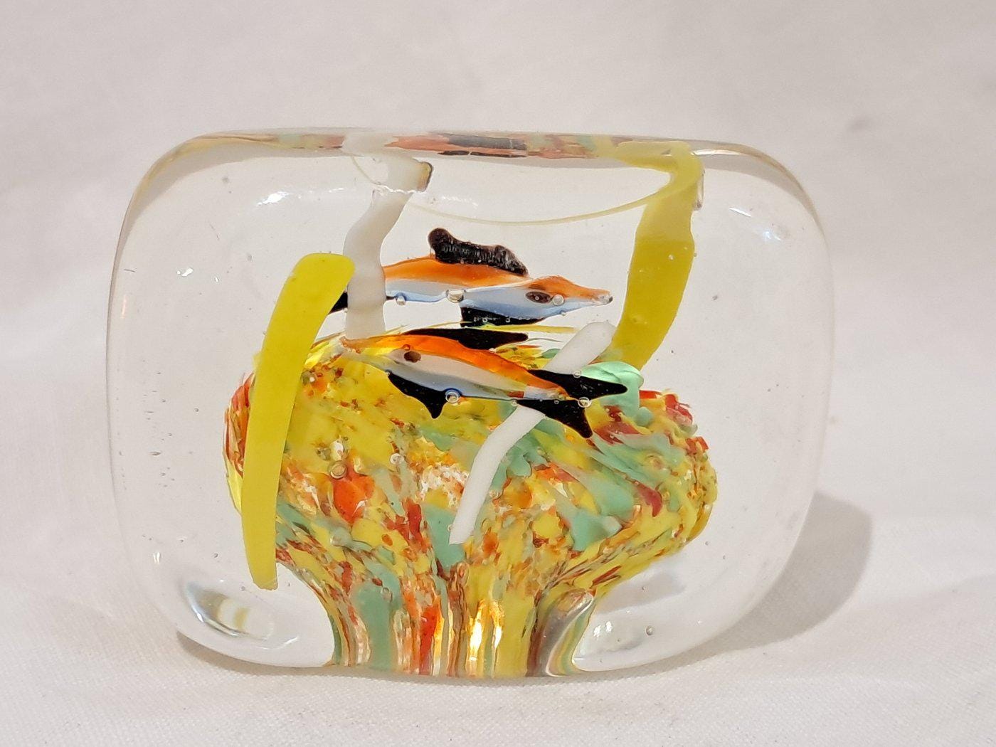 Fermacarte Acquario in Vetro di Murano Artistico Giallo Arancio - Pesci Colorati - Handmade