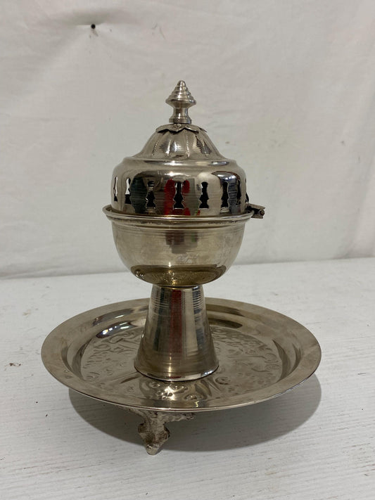 Bruciatore di Incenso in Metallo Argentato con Coperchio Apribile - Origini Marocco, 20x17 cm
