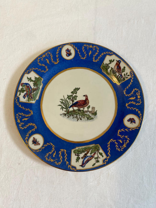 Piatto Suisse Langenthal Vintage 24,5 cm  Bordo Blu con Rilievi Dorati e Decorazioni di Volatili e Farfalle