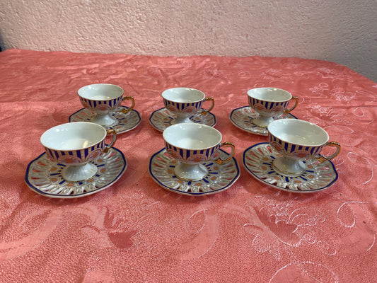 Tazzine da caffe 6 pezzi ceramica dorata e blu eleganti vintage come nuovi regalo perfetto unico speciale per colazione e pausa caffe.