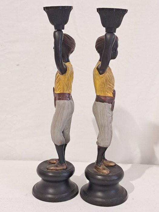 Coppia di Candelabri Vintage - Statuette in Stile Colonial - 25,5x11x7 cm