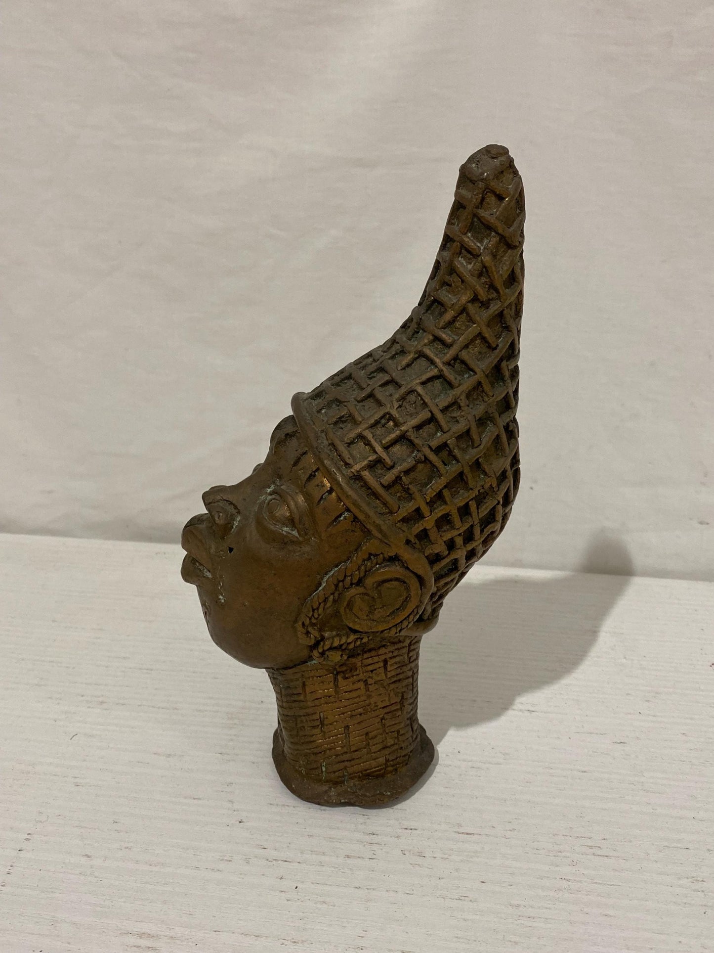 Testa Tribale Benin in Bronzo Vintage - Design Intrecciato - 21x11x8 cm