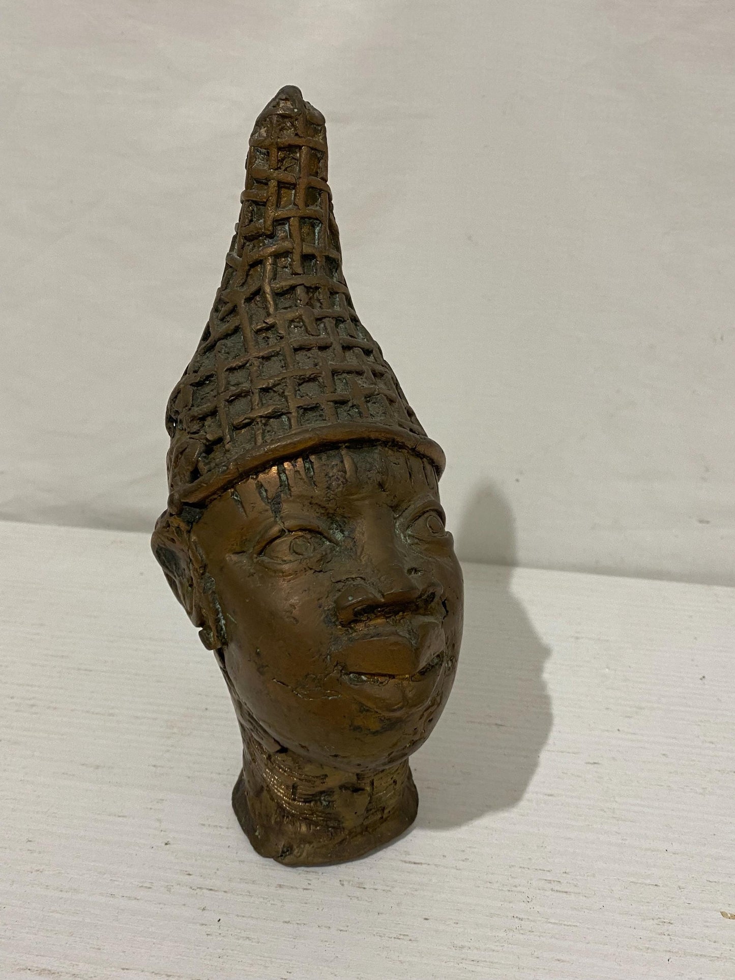 Testa Tribale Benin in Bronzo Vintage - Design Intrecciato - 21x11x8 cm