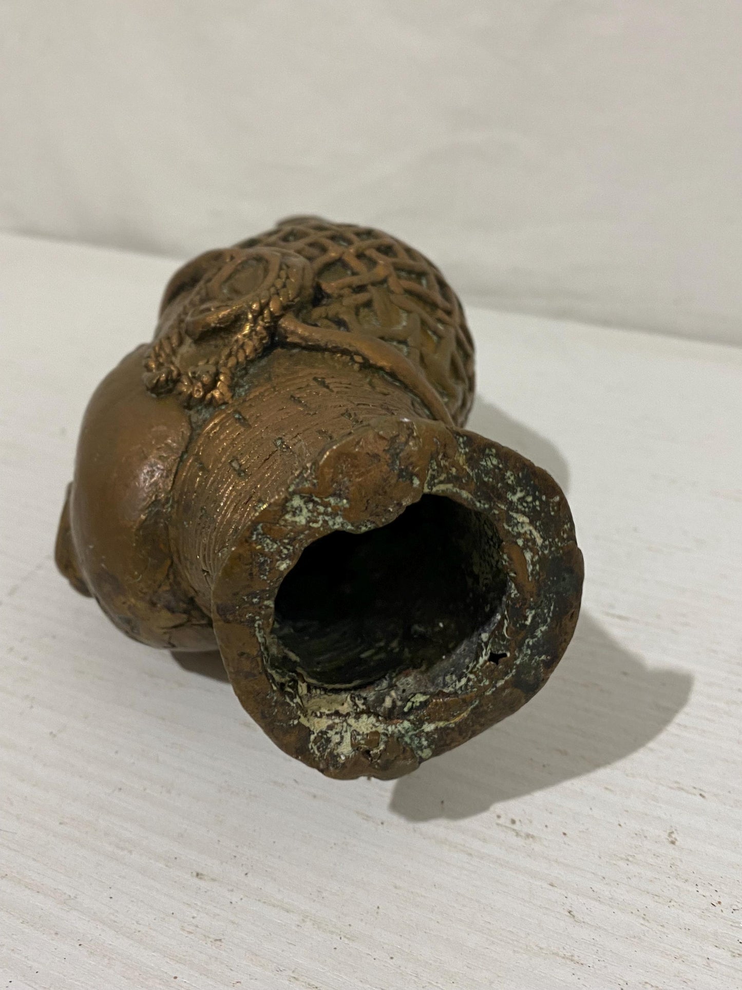 Testa Tribale Benin in Bronzo Vintage - Design Intrecciato - 21x11x8 cm
