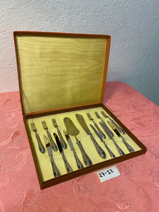 Servizio da dolce vintage in argento 800 placcato, posate con coltello e spatola in stile barocco con scatola originale come nuove originali