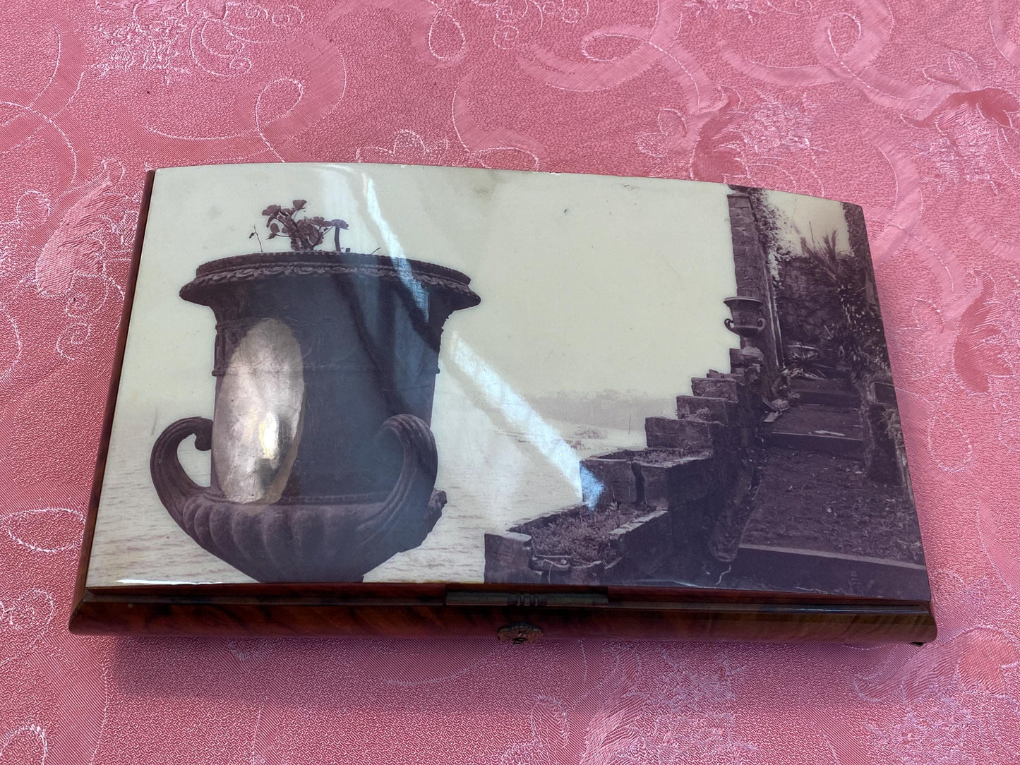 Carillon Italiano con Intarsi di Sorrento / Le Carillon Switzerland Roller Music Box Anni '50 per Gioielli  21x14x12 cm