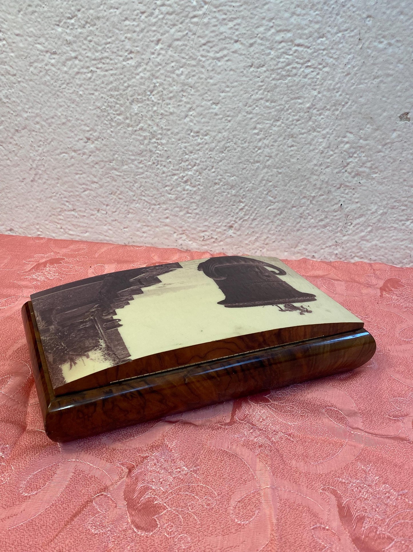 Carillon Italiano con Intarsi di Sorrento / Le Carillon Switzerland Roller Music Box Anni '50 per Gioielli  21x14x12 cm