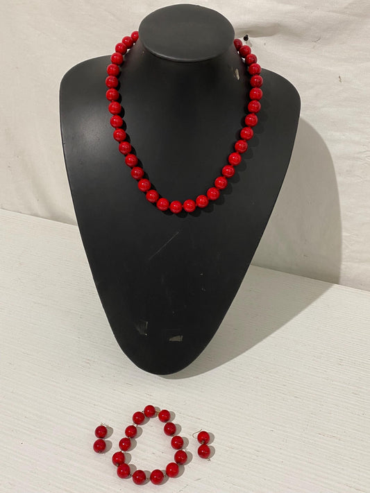 Parure Vintage Collana, Bracciale e Orecchini con Ganci Oro 750 Perline Simil Corallo Rosse - Eleganza Unica