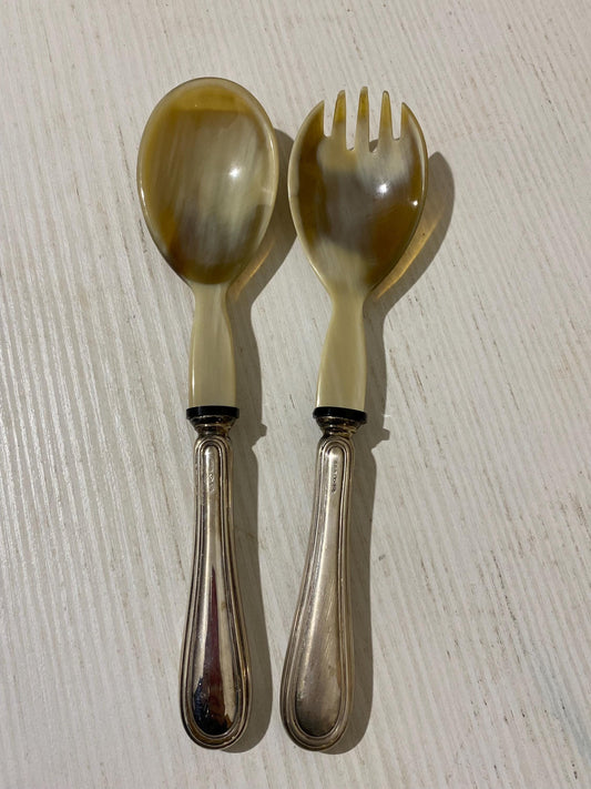 Set Posate Insalata Vintage in Argento 800 e Corno Naturale  Cucchiaio e Forchetta 23,5 cm originali Eleganti e Raffinati di lusso