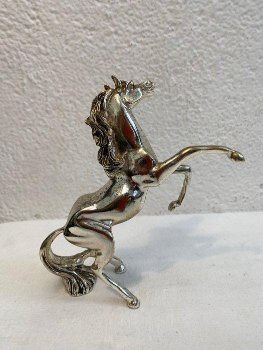 Cavallo Rampante in Metallo Placcato Argento - Scultura Decorativa Elegante - 19x17x5 cm