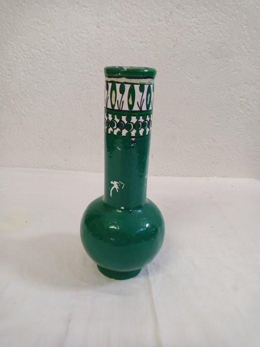 Vaso Vintage in Terracotta Smaltata Verde Dipinto a Mano - 31x13x13 cm