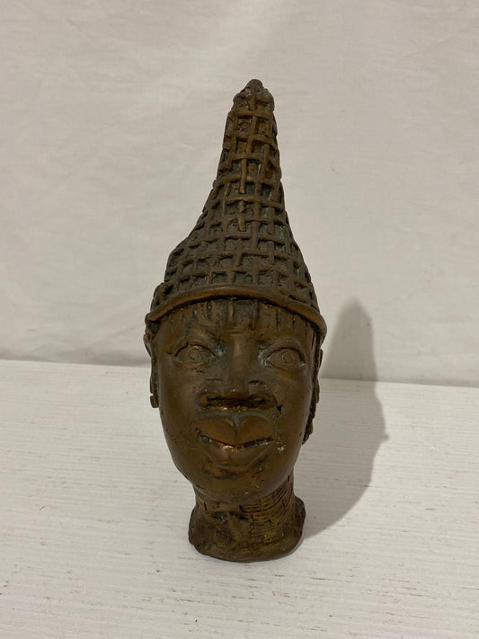 Testa Tribale Benin in Bronzo Vintage - Design Intrecciato - 21x11x8 cm
