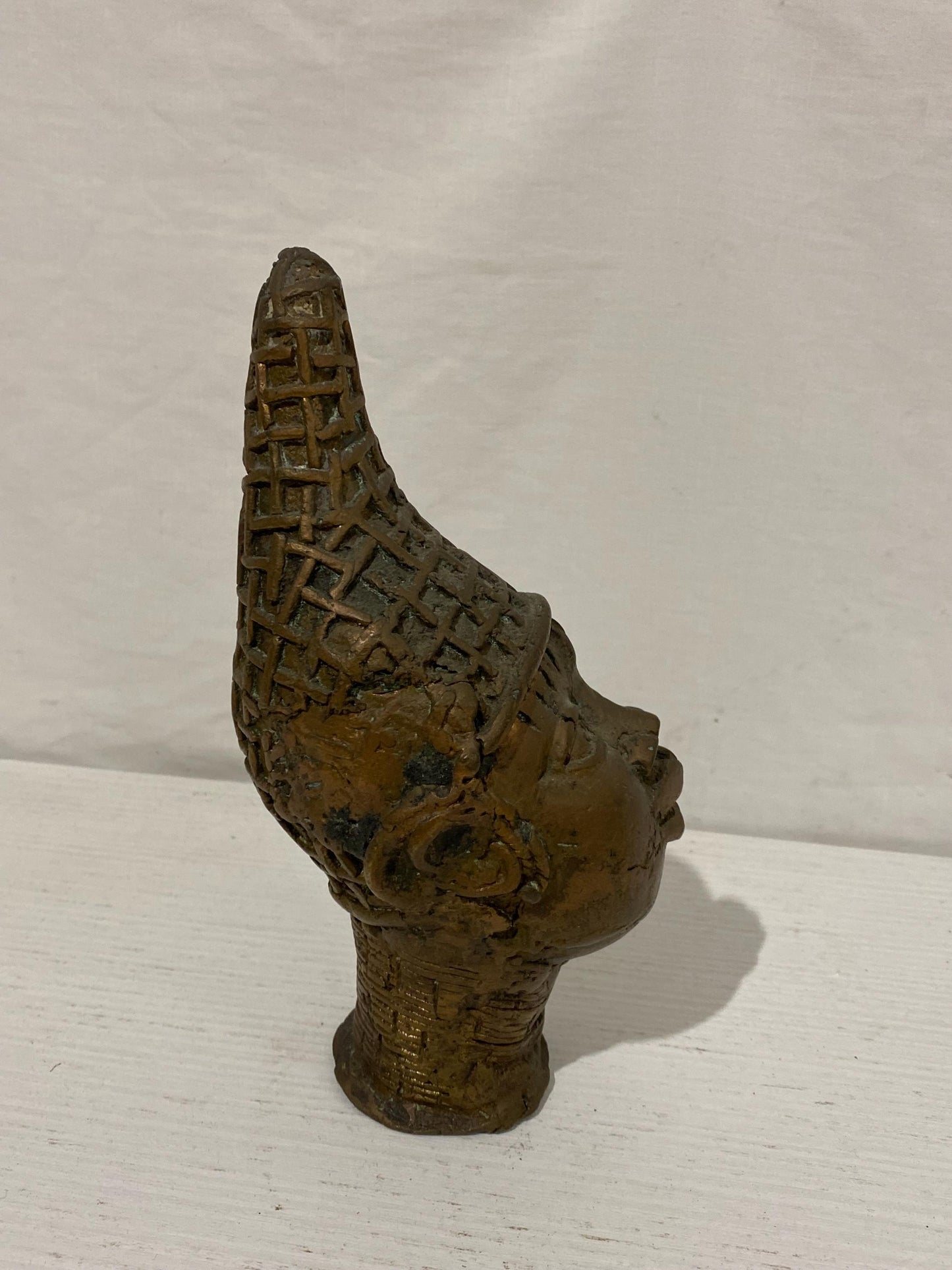 Testa Tribale Benin in Bronzo Vintage - Design Intrecciato - 21x11x8 cm