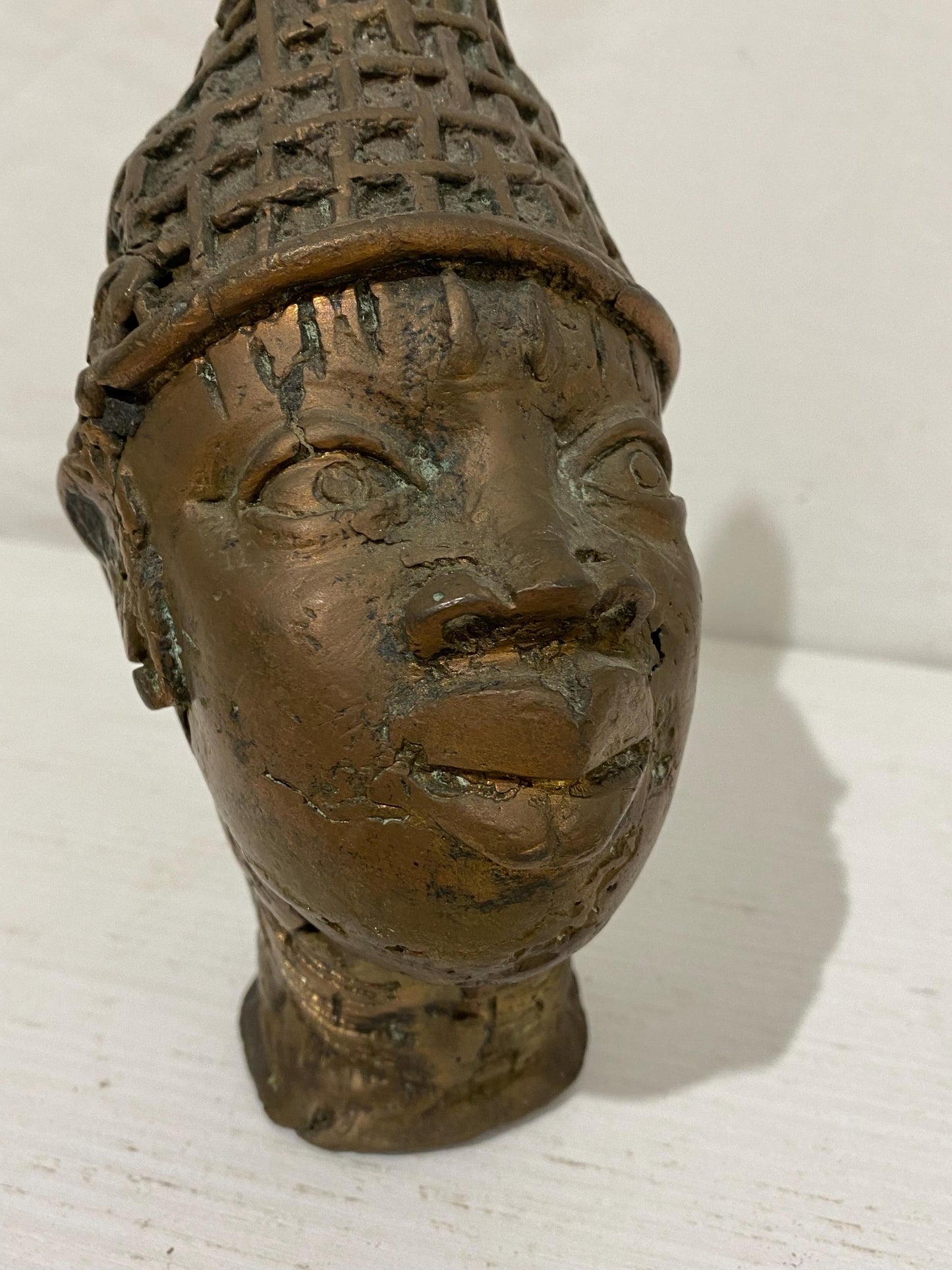 Testa Tribale Benin in Bronzo Vintage - Design Intrecciato - 21x11x8 cm
