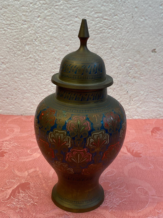 Vaso in Ottone Vintage con Coperchio e Incisioni Floreali  30x14 cm Ornamento Decorativo