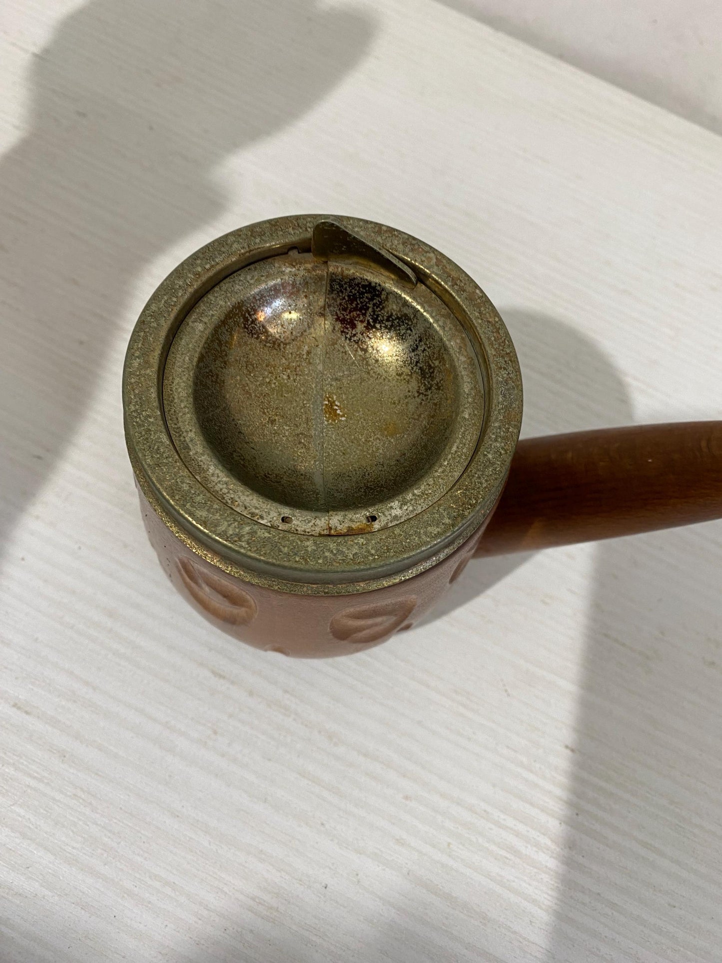 Posacenere Vintage a Forma di Pipa in Legno con Coperchio in Metallo - 9,5x20x9 cm