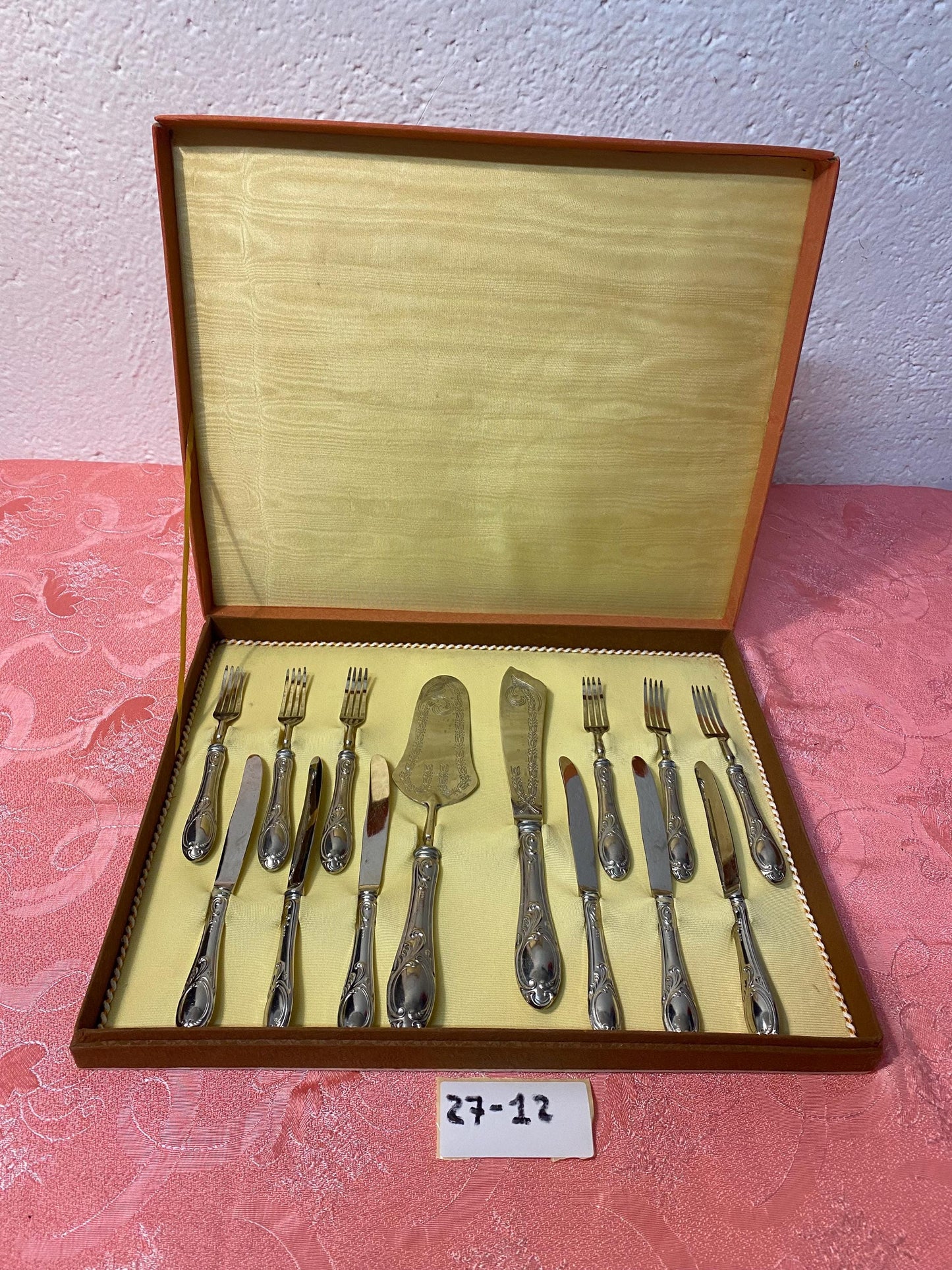 Servizio da dolce vintage in argento 800 placcato, posate con coltello e spatola in stile barocco con scatola originale come nuove originali