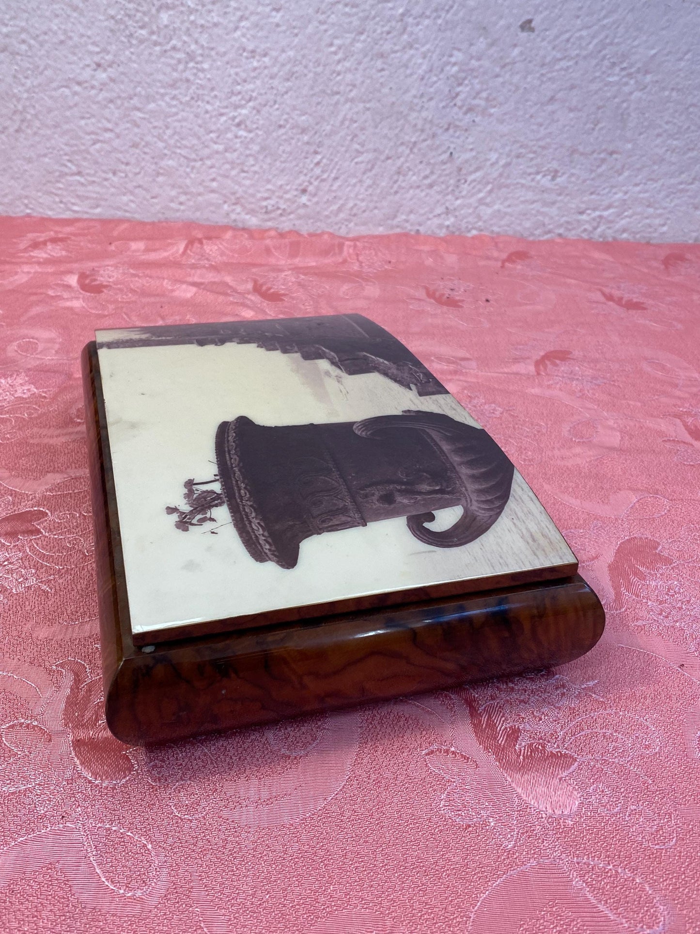 Carillon Italiano con Intarsi di Sorrento / Le Carillon Switzerland Roller Music Box Anni '50 per Gioielli  21x14x12 cm