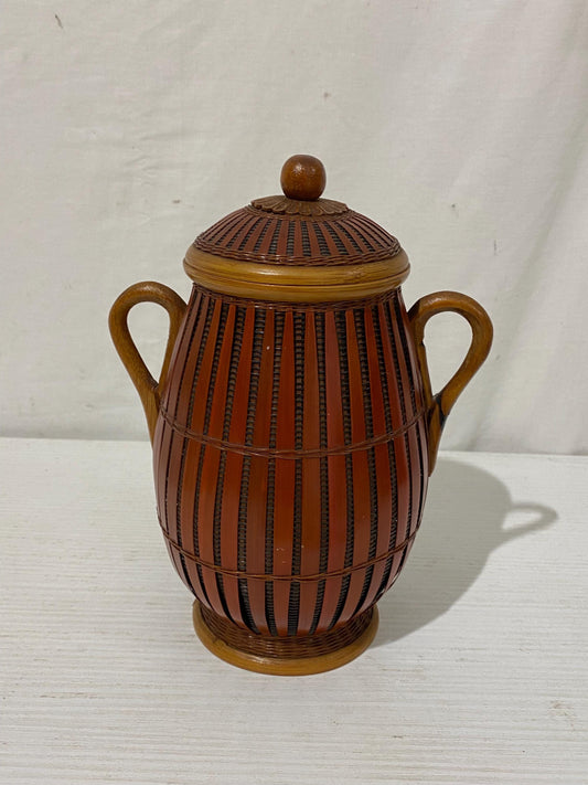 Antico Barattolo in terracotta smaltata e Bambù Intrecciato con Coperchio - Shanghai Handicrafts - 20x16x11 cm