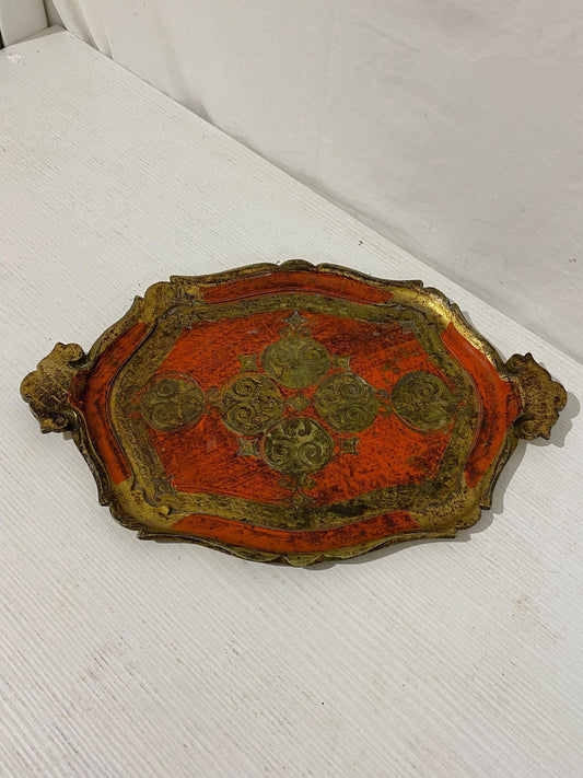 Vassoio Vintage Fiorentino in Legno Dipinto a Mano, 44,5x29 cm, Stile Barocco, Colori Oro e Rosso