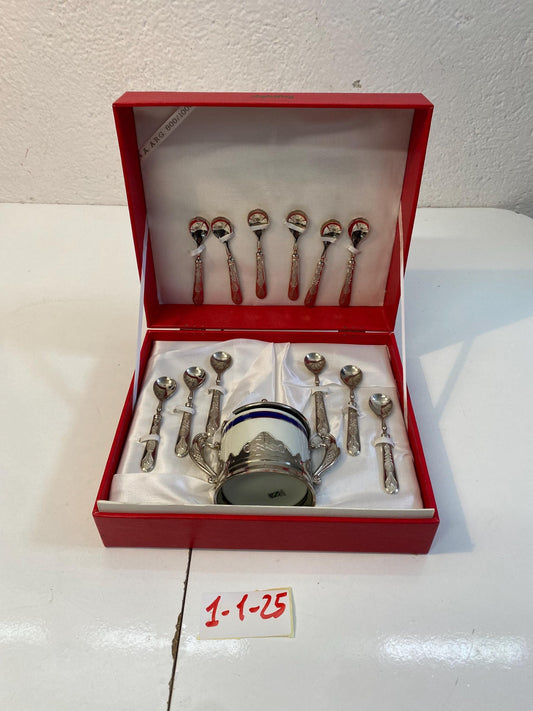 Set di Cucchiaini e Zuccheriera in Argento 800 Placcato con Scatola Originale - Eleganza Vintage