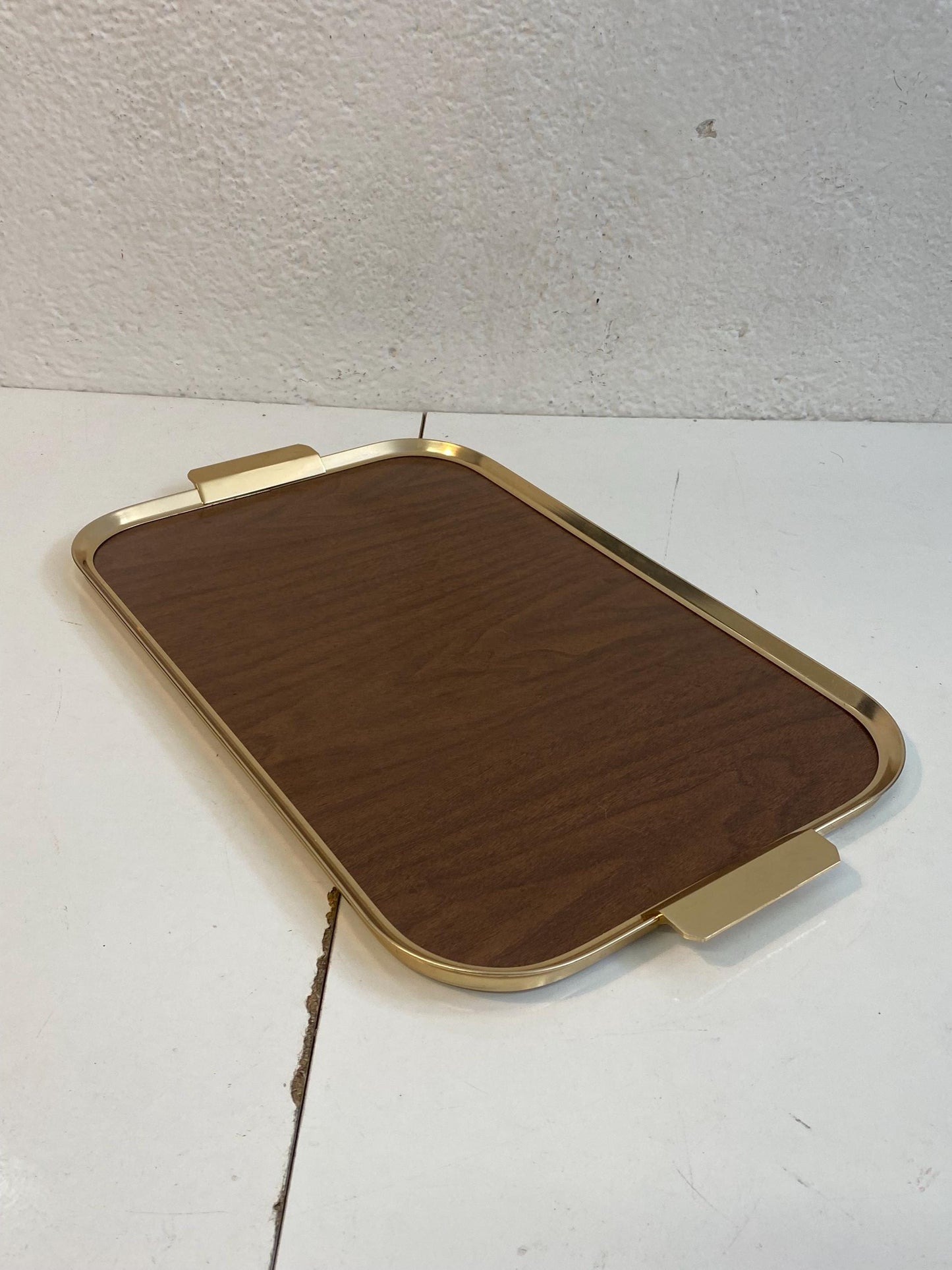 Vassoio Vintage Anni '60 in legno e ottone dorato  Stile retrò elegante (47,5x28,5 cm)