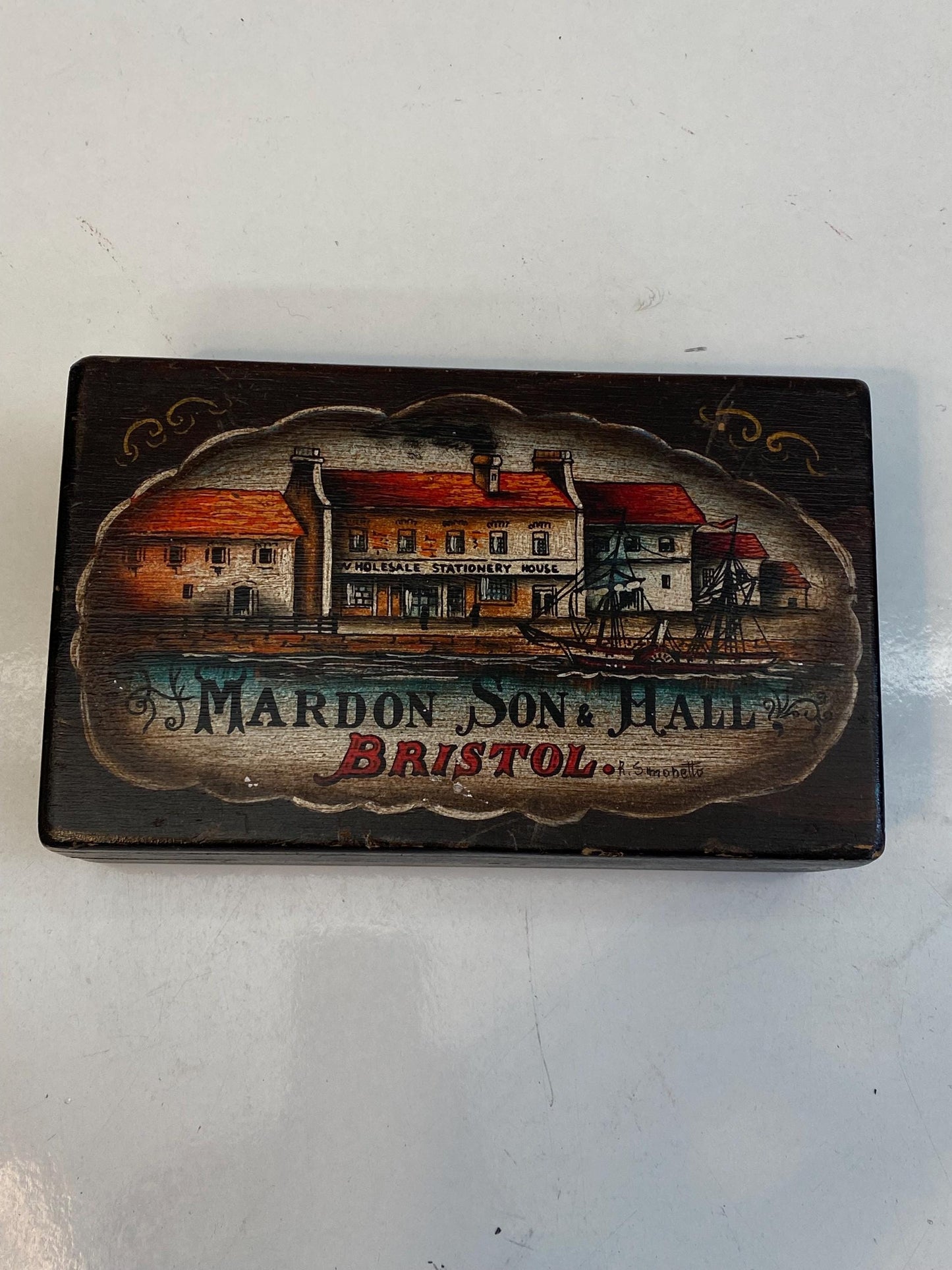 Antica scatola in legno dipinta a mano Mardon Son & Hall Bristol 22x13,5x7 cm