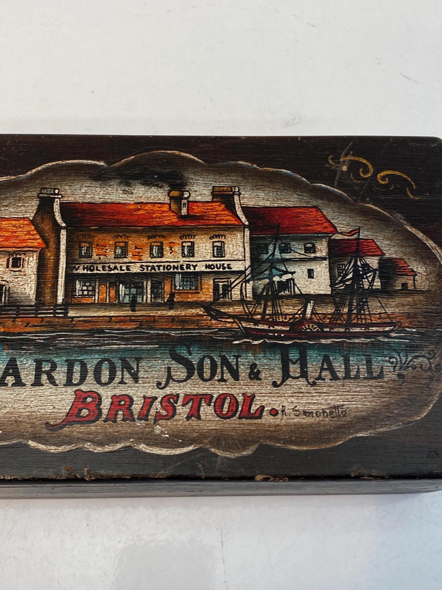 Antica scatola in legno dipinta a mano Mardon Son & Hall Bristol 22x13,5x7 cm